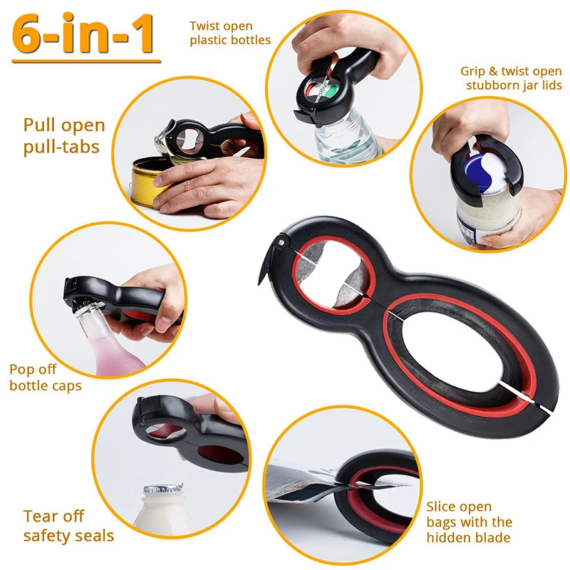 6 in 1 Multifunction Bottle Opener Jar Opener Gripper Wine Beer Lids Opener Non-Slip Coke Soda Decapper Corkscrew Kitchen Tools