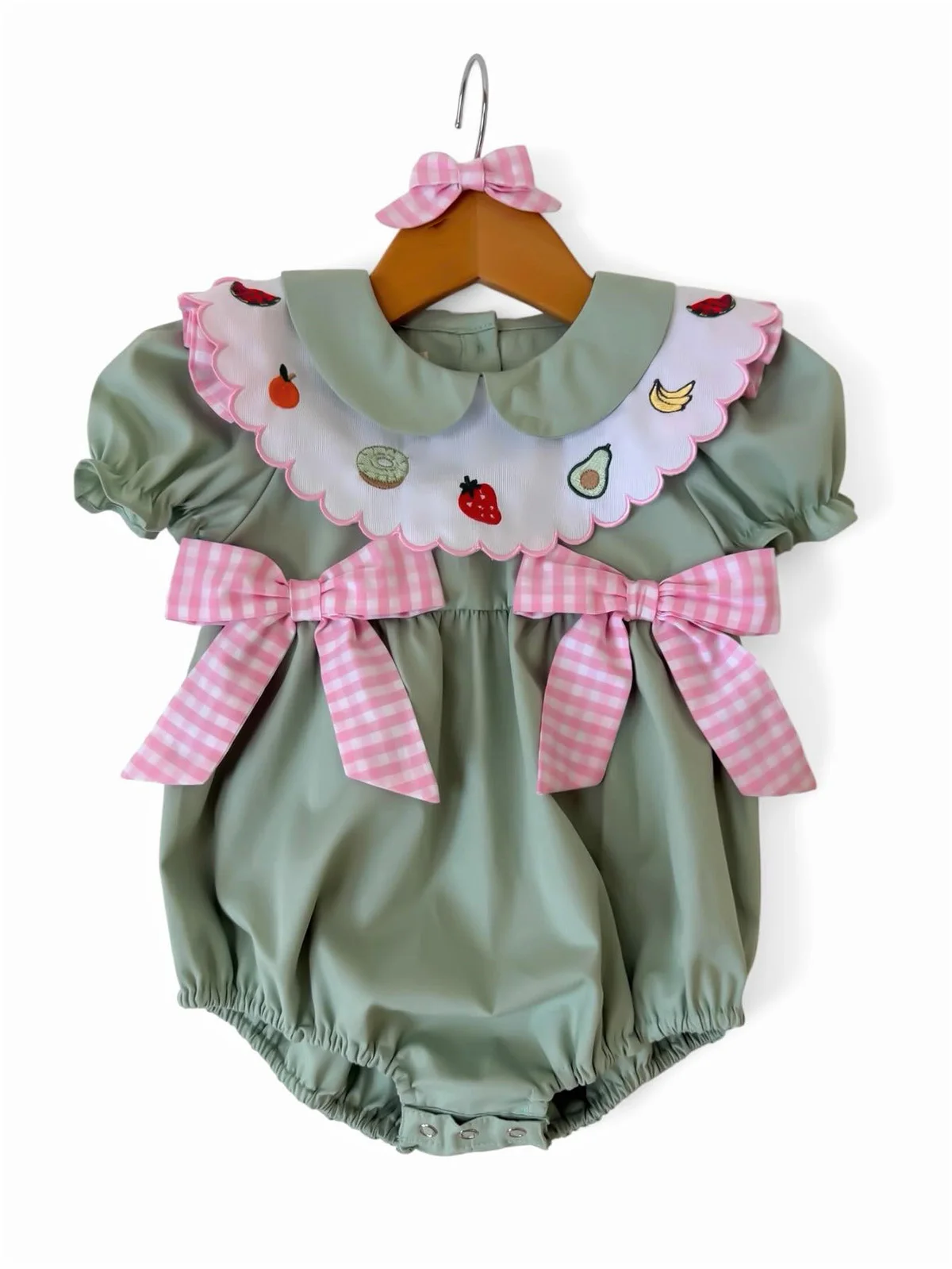 

Summer Girl Cute Fruit Embroidered Green Romper for Casual Party Birthday Wedding Photography