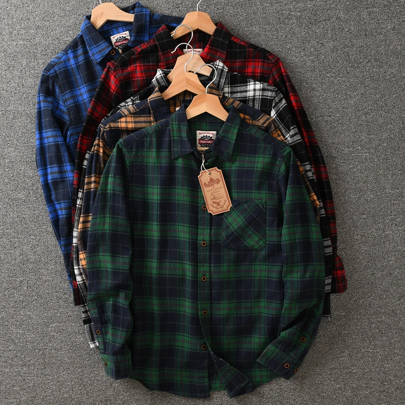 Autumn New American Retro Long-Sleeve Lapel Brushed Fabric Plaid Shirt Men\'s Fashion 100% Cotton Washed Loose Casual Blouses