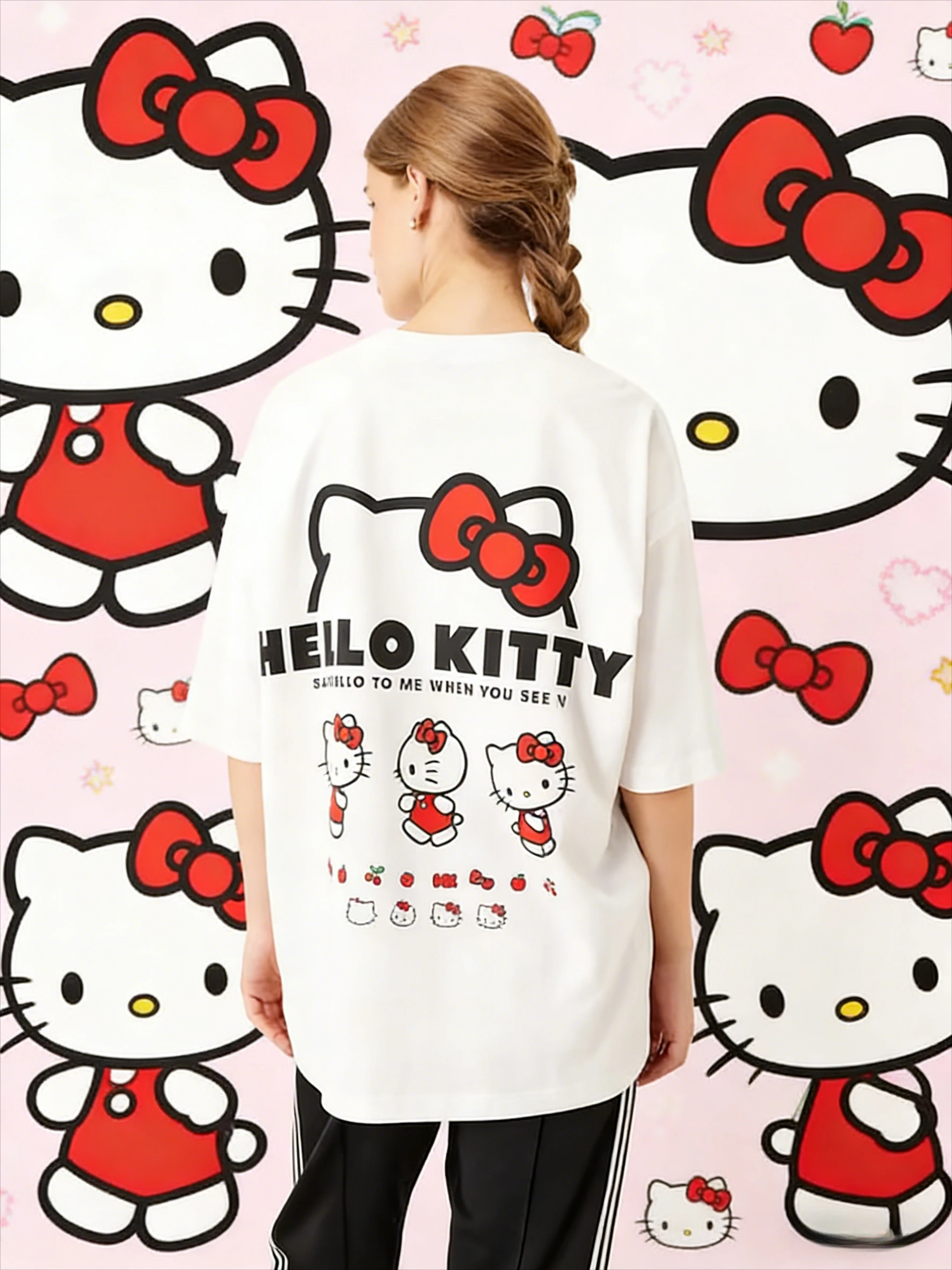 

Летняя коллекция 2026: Футболка оверсайз с принтом Hello Kitty, 100% хлопок, для взрослых и детей, в стиле Y2K