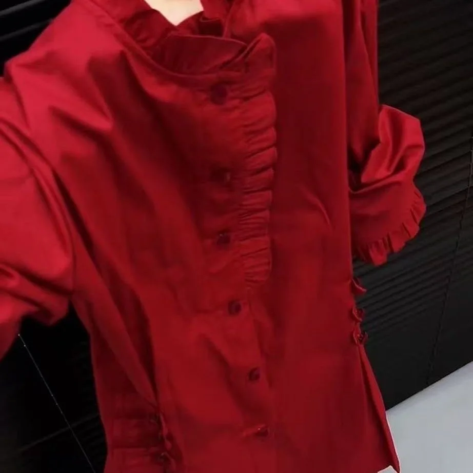 

New Year Red Long Sleeve Shirt Women's Winter New Style Waist Cinched Button Design Stand Collar Warm Blouse Commute Style Po...