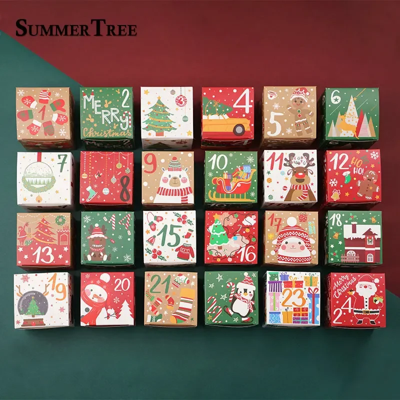 Christmas Advent Calendar Boxes 24-piece Christmas advent calendar with numbered festive gift boxes featuring Santa, snowman and holiday designs