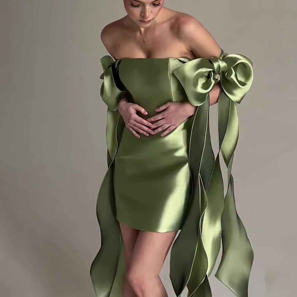 

Simple Strapless Satin Birthday Party Mini Dress Off-shoulder with Bows Elegant Playful Banquet Guest Gown Formal Occasions Wear