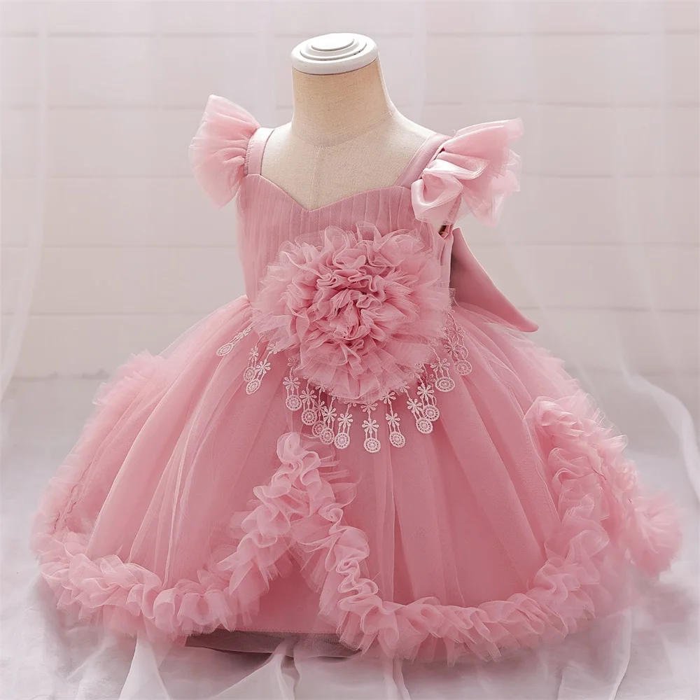 

2025 New Fluffy Champagne Beading Tutu Dress For Baby Cute Girls Floral Lace Birthday Dresses Princess Gown Toddler Summer Wear