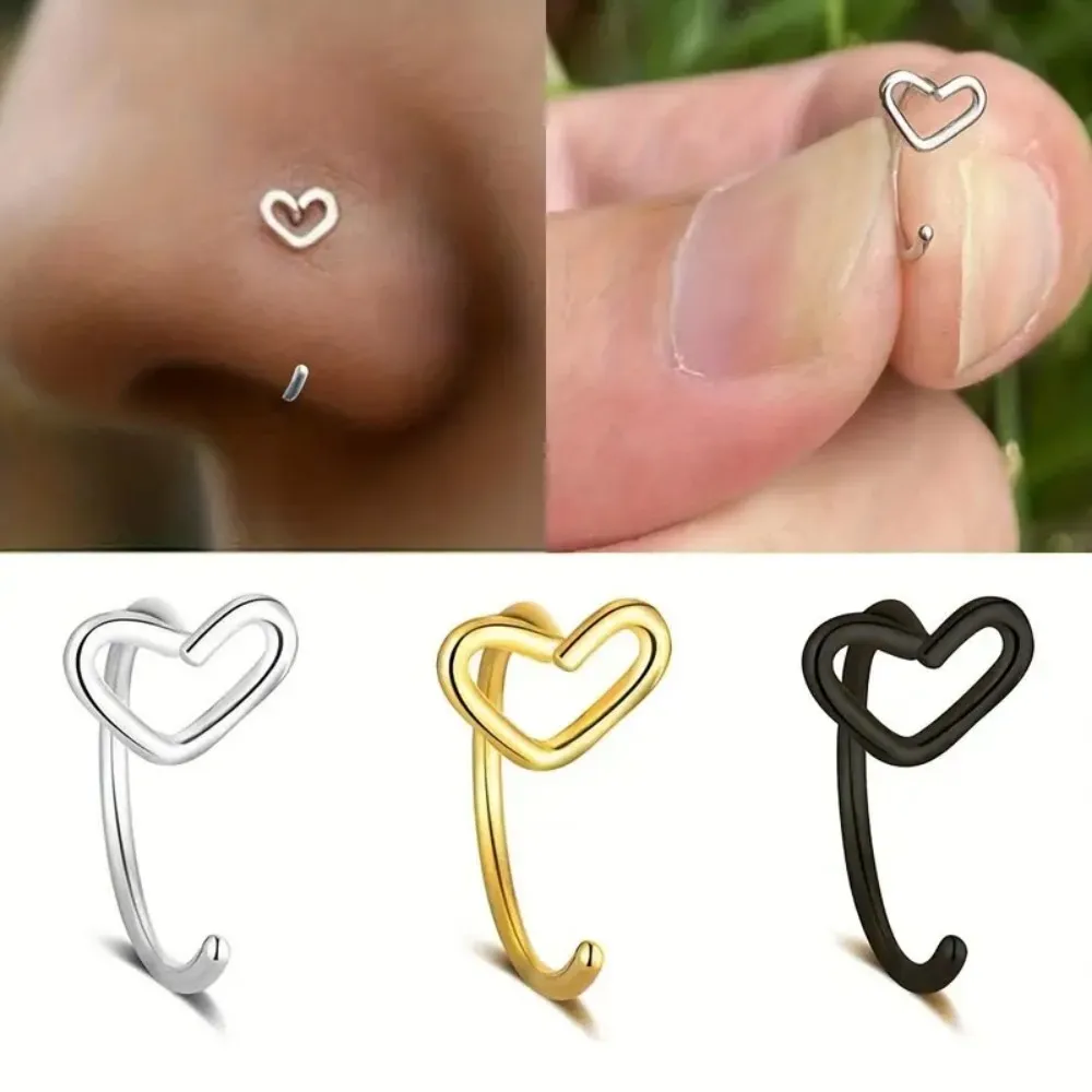 1pc Simple Heart-Shaped Nose Ring, 20G Stainless Steel Piercing Jewelry for Women, Daily Wear Body Piercing Accessory Y2K