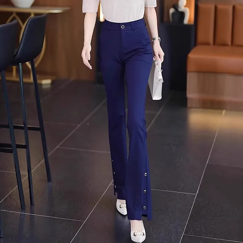 سروال بدلة زرقاء للنساء، ملمس راقي، ثنيات، صغير الحجم، نمط صيفي رقيق، متعدد الاستخدامات، تنحيف، سروال واسع قليلاً