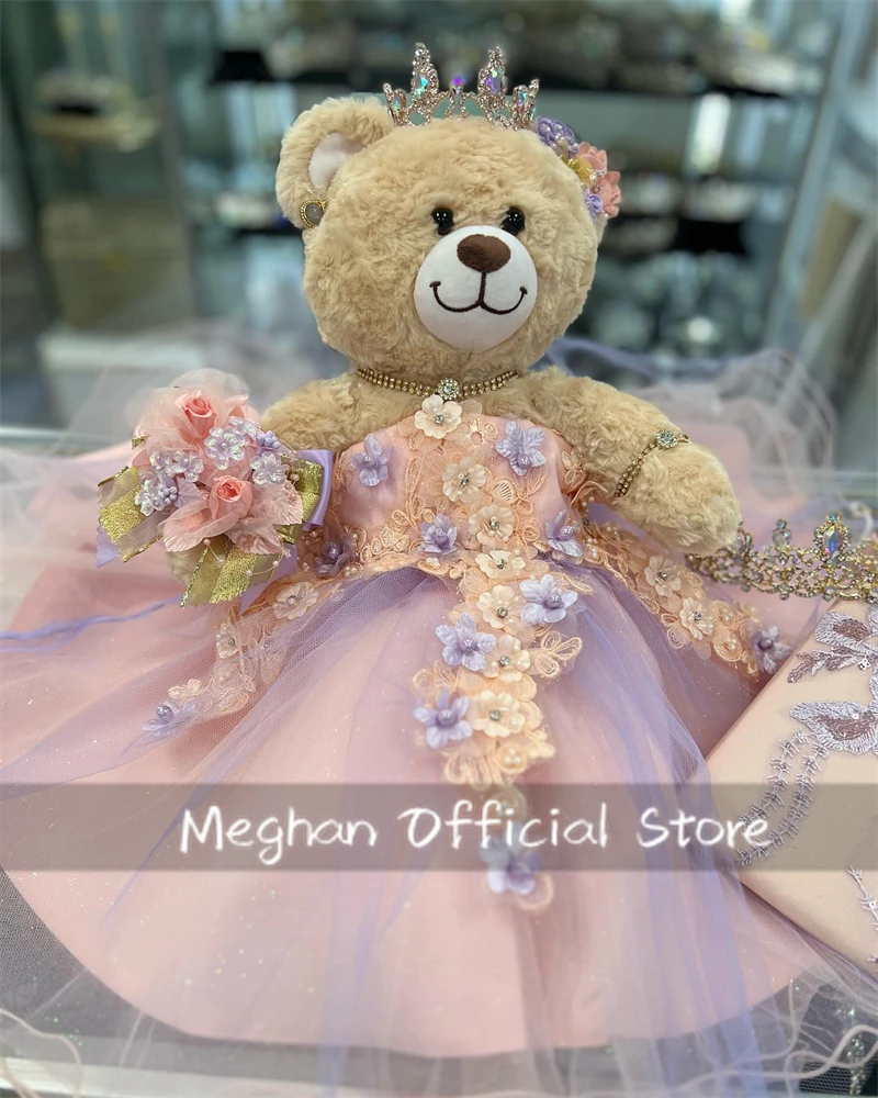 Pink Special Link Sweetheart Personalized Quinceanera Teddy Bear With Dresses Beaded Purple 3D Flowers Mini Quinceanera Dress