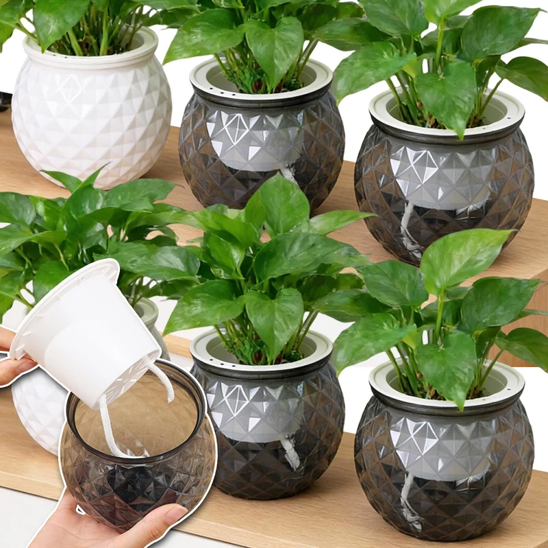 

Lazy Hydroponic Flower Pot Transparent Double Layer Vase Plastic Self Watering Planters Cotton Rope Water-Absorbing Flowerpots