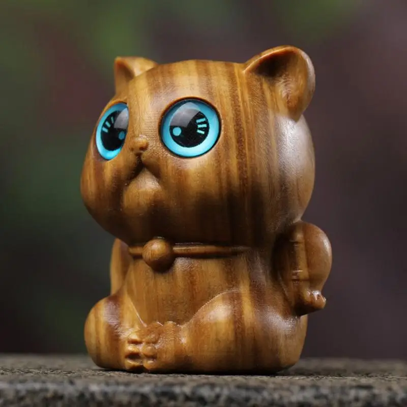 Sandalwood Cat Figure Cat Akimbo Ornament Cute Cat Toy Sculptures DIY Crafts Status with blue eyes for tabletop home decoration