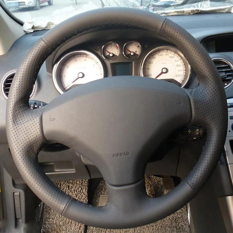 GNUPME DIY pokrowiec na kierownicę ze sztucznej skóry ręcznie szyty czarny pokrowiec na kierownicę do samochodu Peugeot 308 stary Peugeot 408