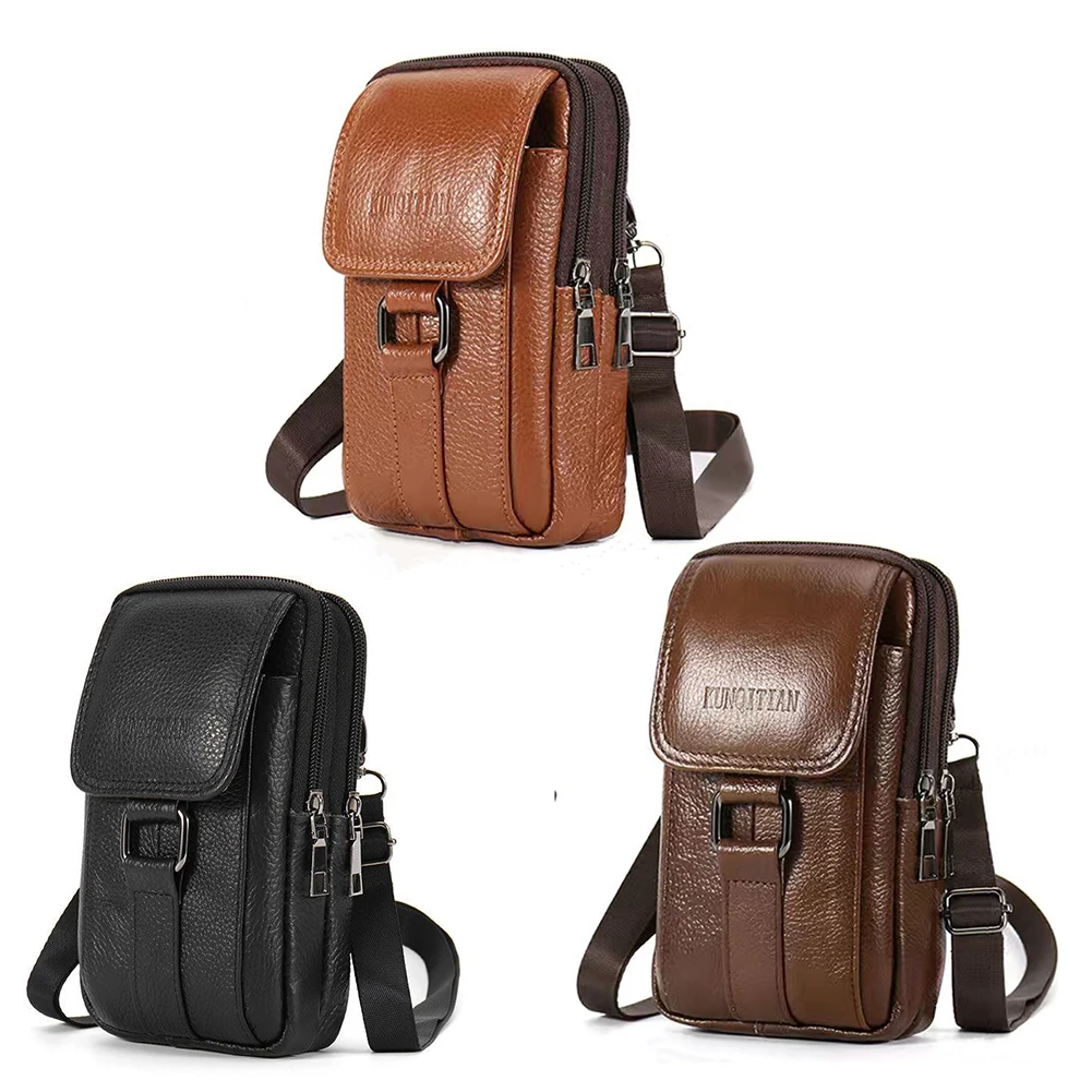 

Portable Fanny Pack Waist Bag Cowhide Leather Cell Phone Belt Pack Fashion Simple Multi-pockets Casual for Work