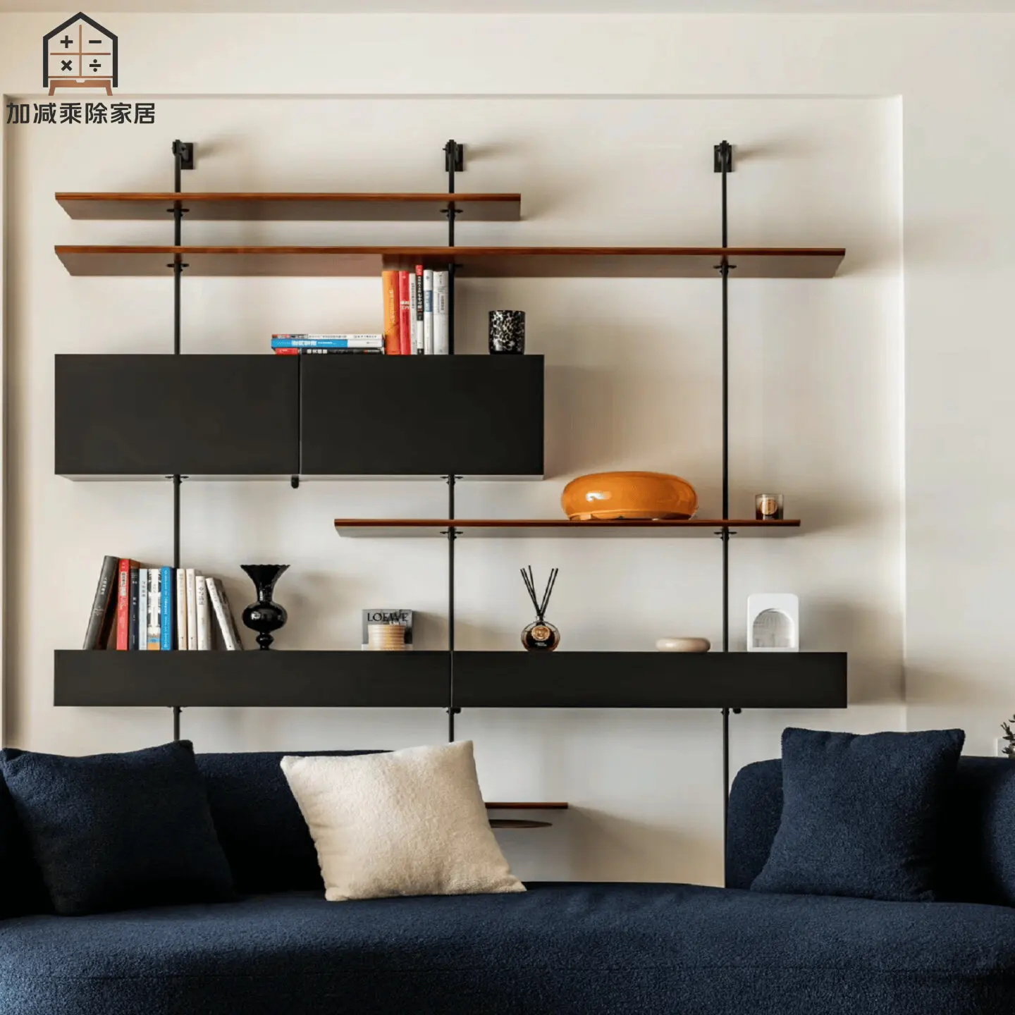 Italian-style wall storage rack, black wall-mounted storage rack, multi-layer bookshelf feature wall, open decorative partition