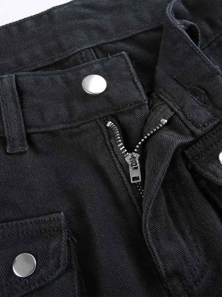 Metal Button High Waisted Straight Leg Jeans Drop Crotch Trousers Streetwear Hip Hop Fashion Y2K Cargo Denim Pants for Women
