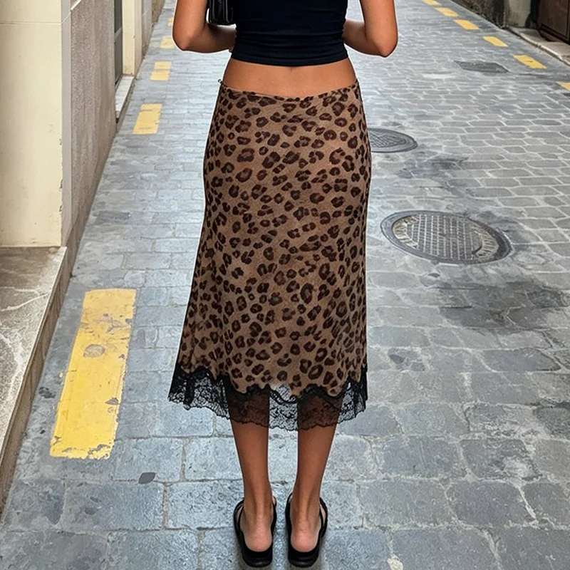Sexy Women's Lace Patchwork Slim Skirts Summer Leopard Print Midi Skirts Fashion New Vintage Vacation Clubwear Y2K Skirt view 5