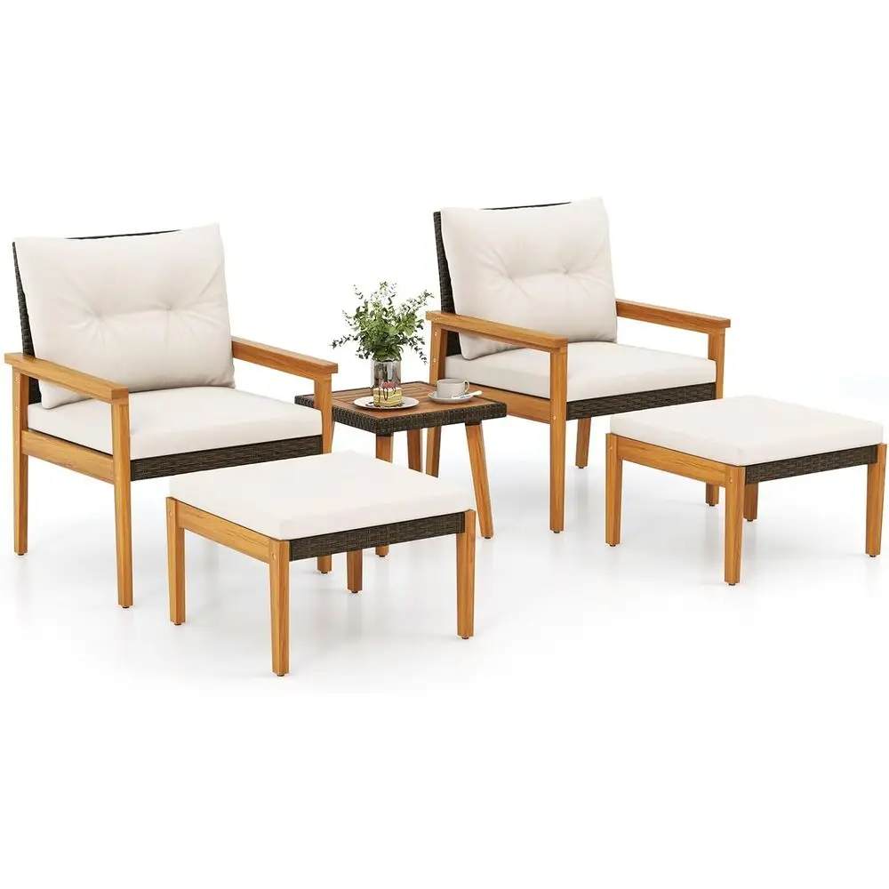 

Space-Saving White Rattan Patio Furniture Set with Cushioned Chairs, Ottomans, and Square Coffee Table for Backyard or Poolside