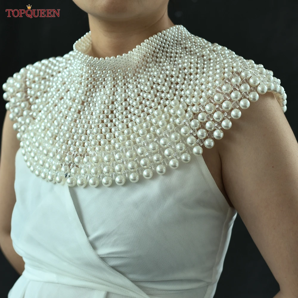 TopQueen VG68 Popular Women Pearl Shawl Necklaces Body Chain Sexy DIY Beaded Neck Chain Decoration Necklaces for Women Vintage