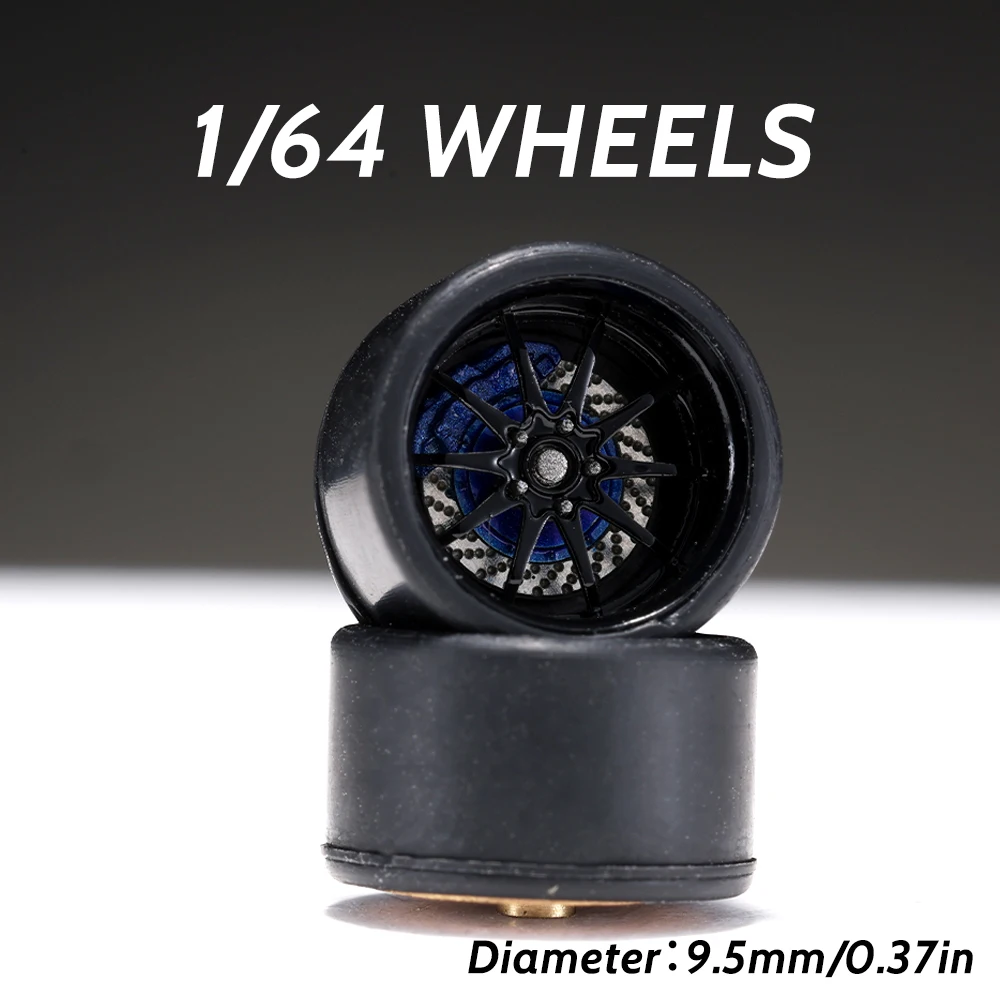 

1/64 Alloy Black Model Wheels Rubber Tires with Brake Disc Assembly Rims for Diecast Model Car for Hot Wheels Diameter: 9.5mm