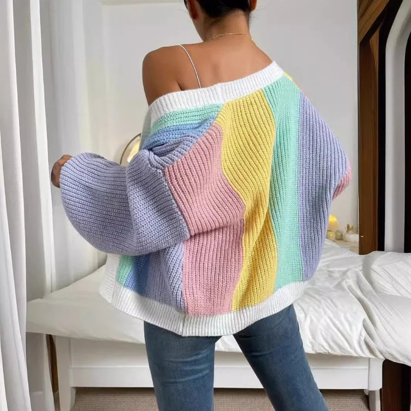 Spleißen Farbe Blockieren Design Pullover Frauen Herbst Winter Elegante Lange Ärmeln Pullover Weibliche Bequeme Beiläufige Gestrickte Mantel