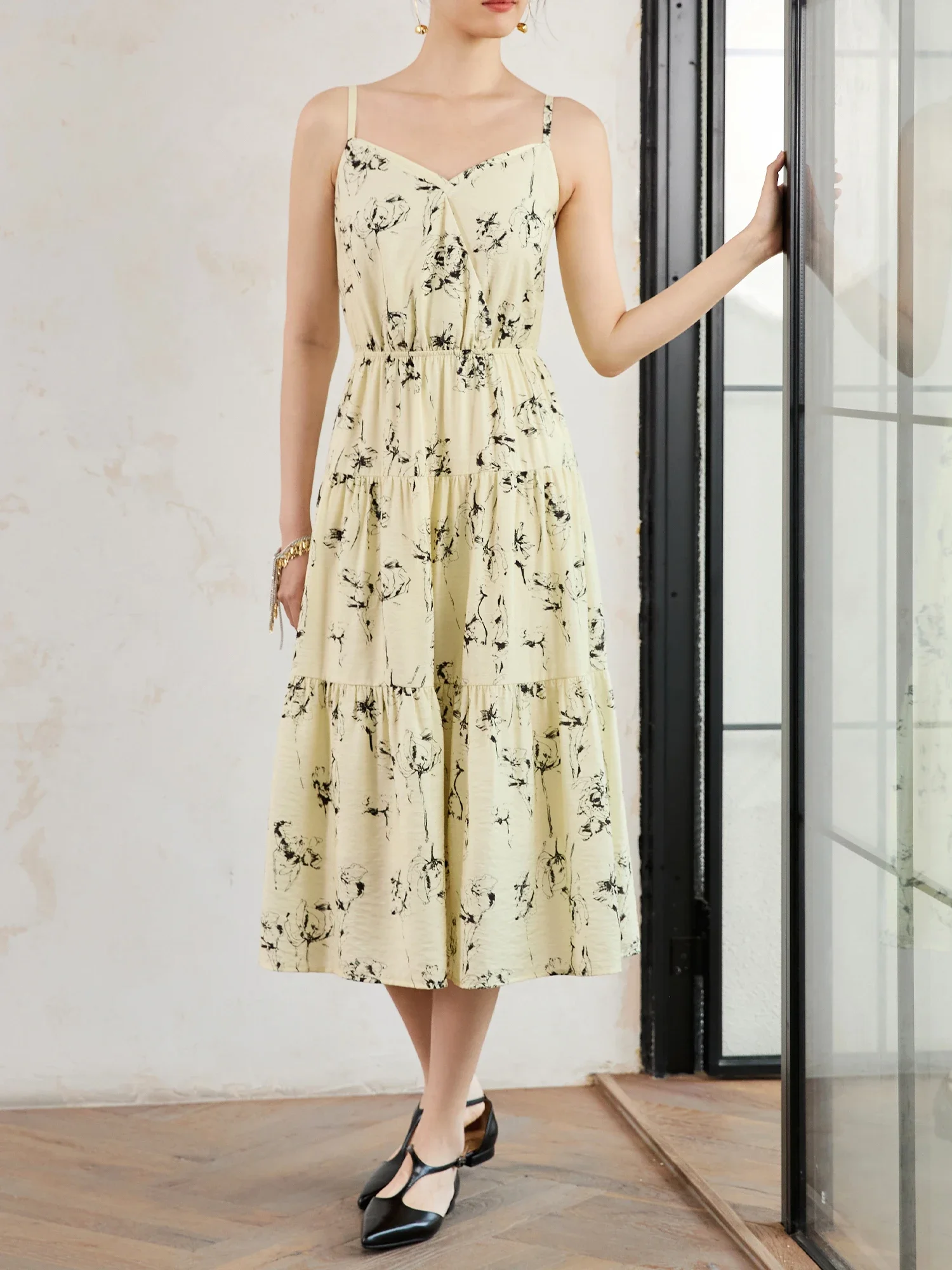 DUSHU New Chinese Style Women Strappy Long Dress Printed Design Female Autumn New Beige X-LINE Sleeveless Dress 24DS83131