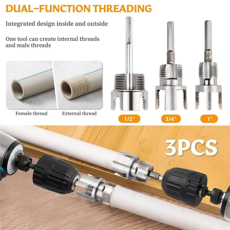 ABXF-Dual-Function Integrated Internal& External Pipe Threading Tool 3 Pcs For PVC For 1/2