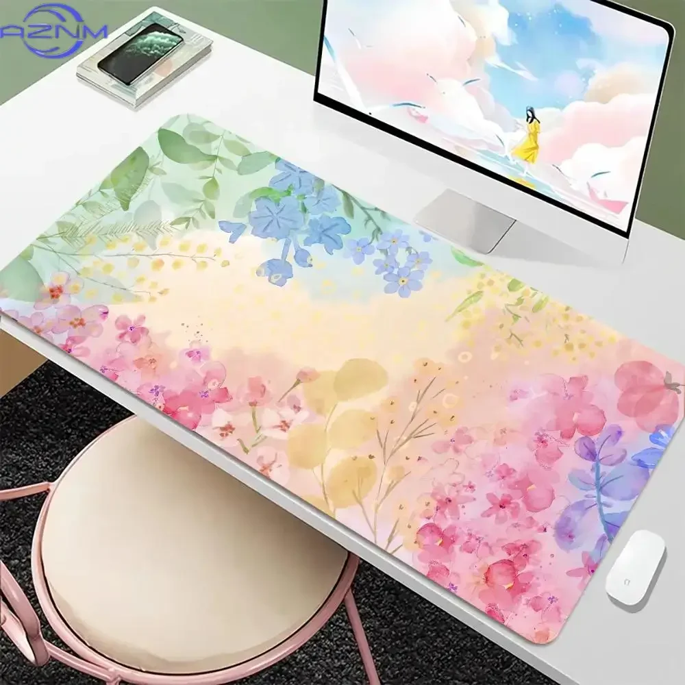 Watercolor Pastel Floral Art Extended Mousepad, Non-Slip Rubber Base Large Desk Mat, Smooth Surface for Gaming Office Desktop De