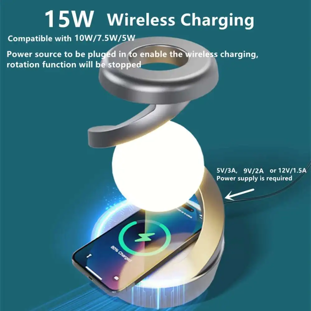Creative Table Rotating Floating Lamp, 15W Mobile Phone Wireless Charger, RGB Atmosphere Night Light