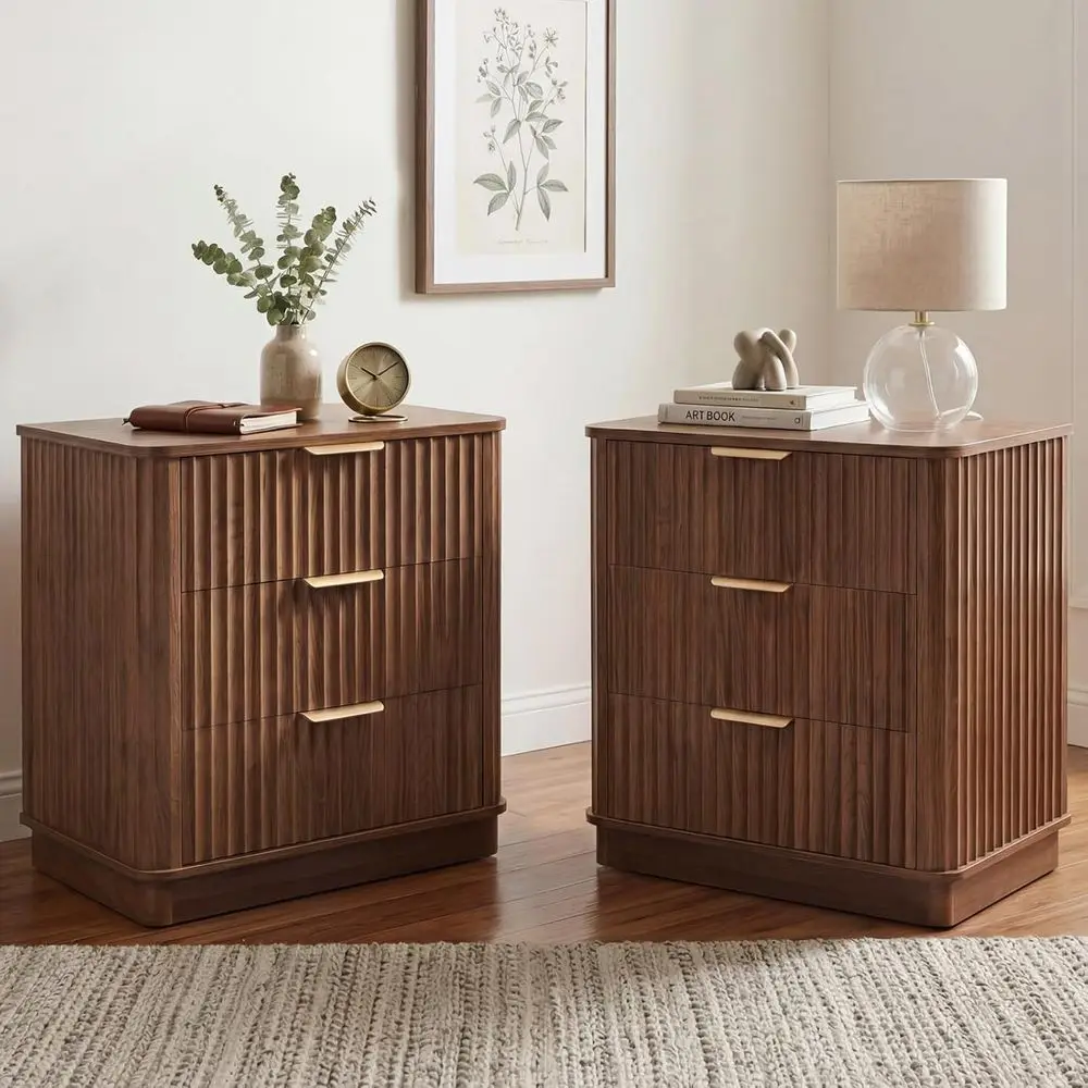 

2-Piece Walnut Nightstand Set, Large 3-Drawer Nightstand, Multifunctional Bedside and End Table for Bedroom, Living Room, and Cl