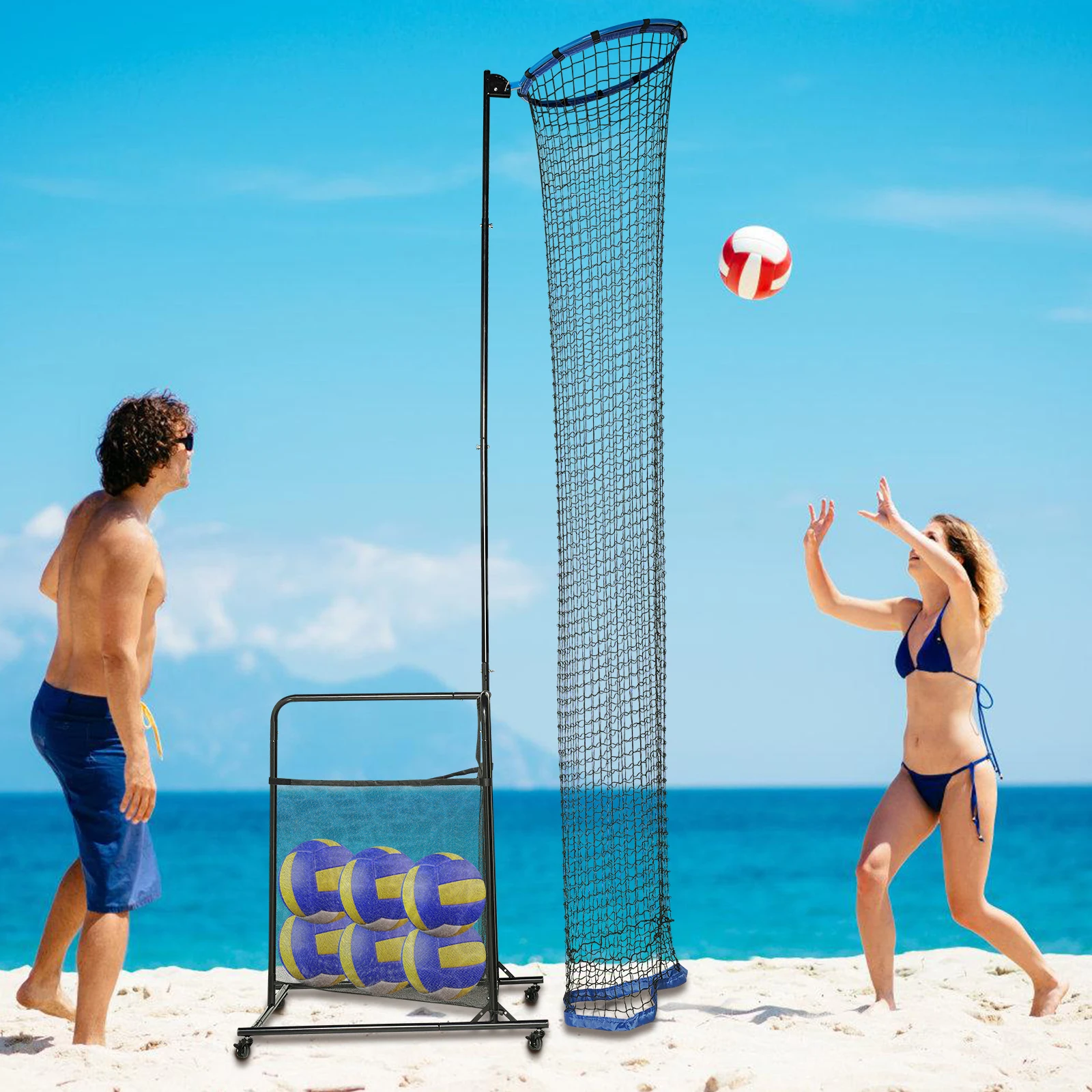 Volleyball Training Net Volleyball Setter Trainer Net Adjustable Angles and Height with Ball Collection Bag, 4 Wheels