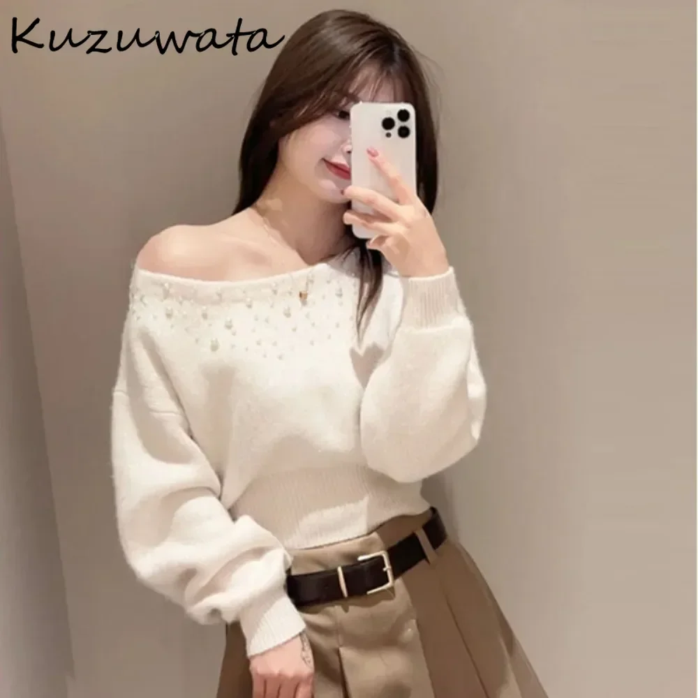 Kuzuwata suave de moda avanzada Slash Neck Jumper rebordear fuera del hombro manga de murciélago Ropa Mujer japonés sólido tejido chica Tops