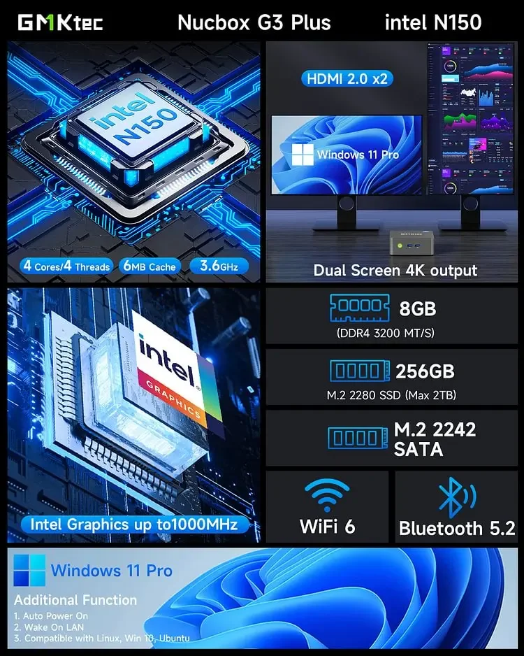 GMKtec G3 Plus Twin Lake N150 MINI PC Windows 11 Pro DDR4 16GB 512GB NVMe SSD WIFI6 BT5.2 Desktop office Mini PC Gamer Computer