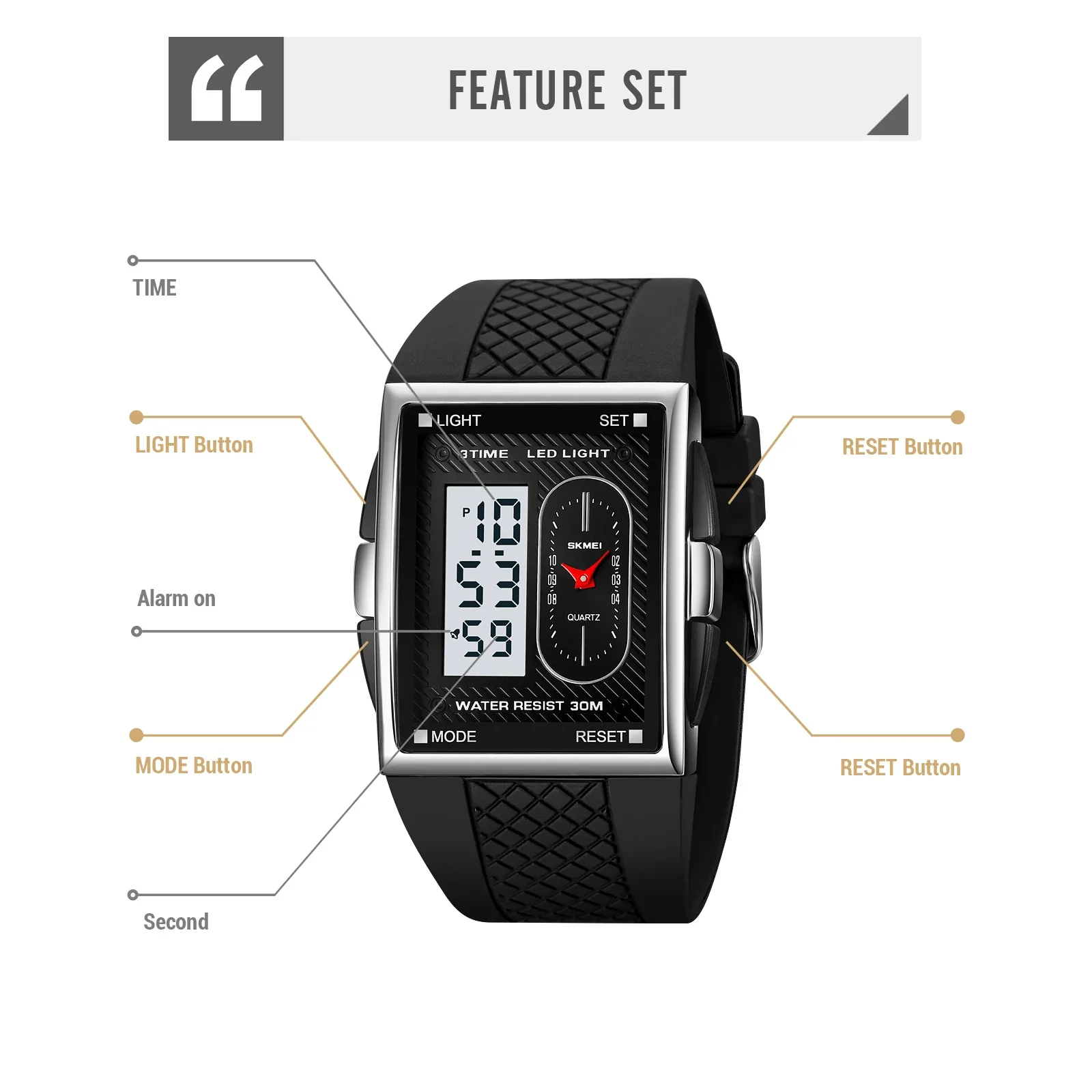 SKMEI 2213 Watch Male Dual Movement Electronic Watch Dual Display Watch Waterproof Night Light Multi functional Electronic