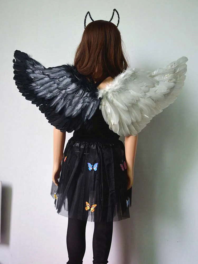 

Kids Adult Children Boys Girl Black Party Demon Evil Devil Feather Wing Angel Halo Butterfly Skirt Christmas Halloween Costume