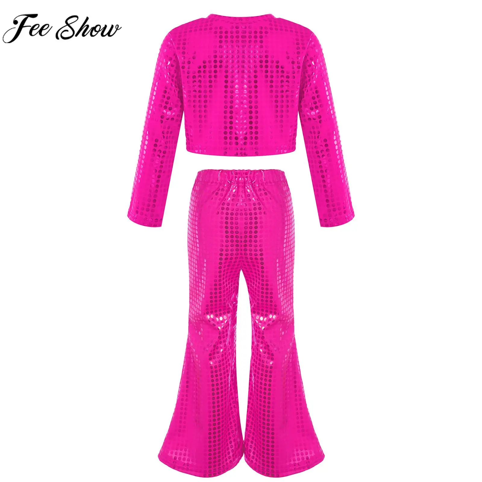 Children Girls Hip Hop Jazz Dance Stage Performance Costume Shiny Long Sleeve Crop Top with Bell-bottoms Pants Party Dancewear