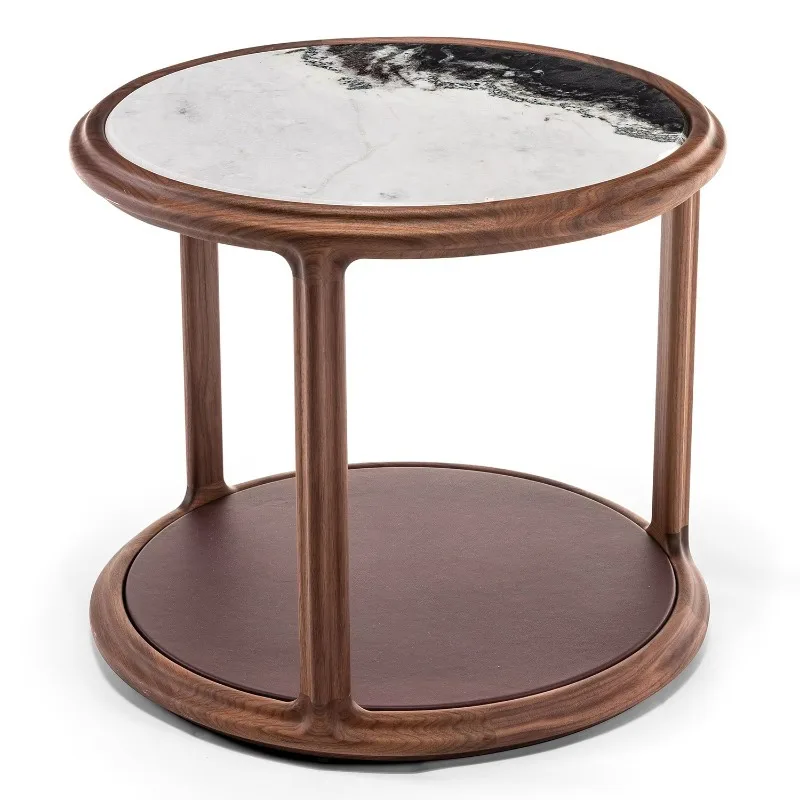 Round nested coffee table marble leather solid wood base living room villa apartment studio furniture decoration with stool