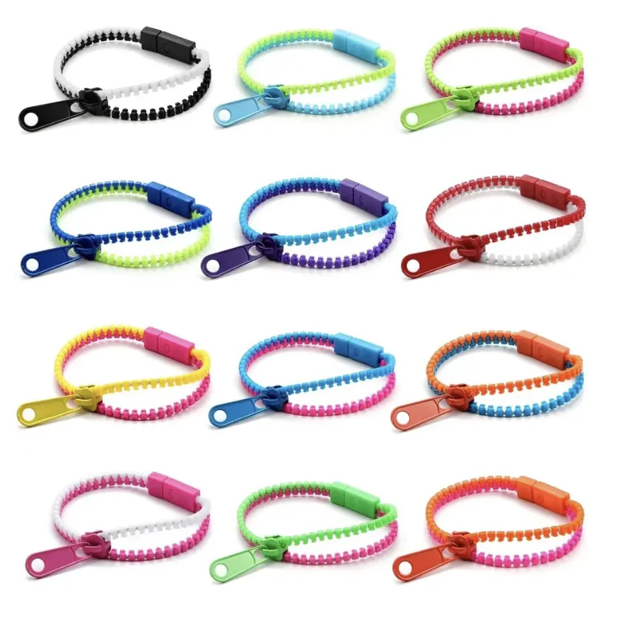 10 pçs doce cor dupla zíper pulseira de plástico diversão alívio do estresse brinquedo sensorial festa amizade pulseira moda decoração