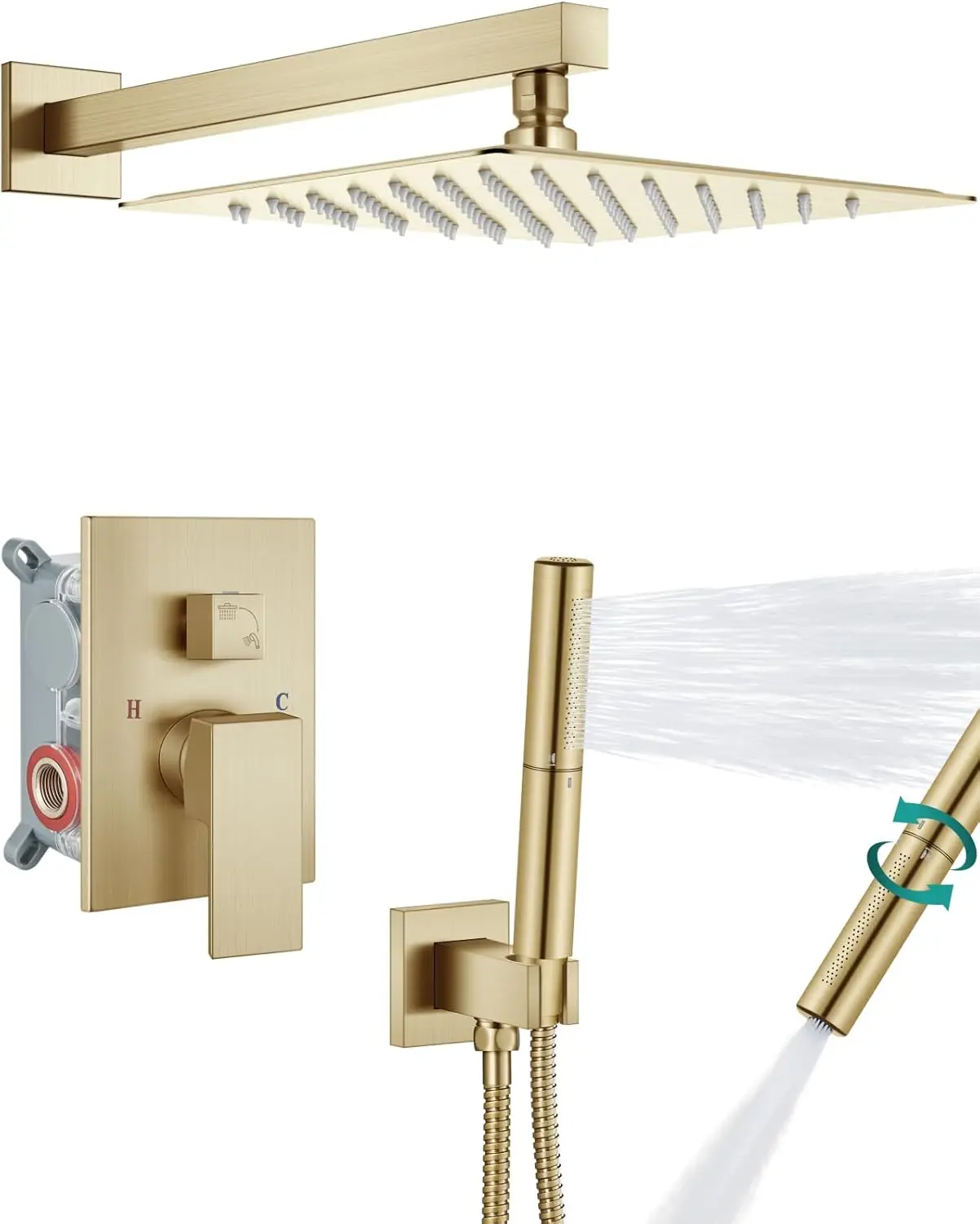 

12 Inch Rainfall Shower Head with Handheld, High Pressure Brushed Gold Shower Faucet Set, 2-in-1 Sprayer, Wall Mount