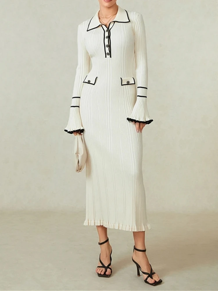Autumn Winter Elegant Knitted Long Ruffles Dress For Women 2024 New High Waist Buttons Turn-down Collar Sweater Dresses Female