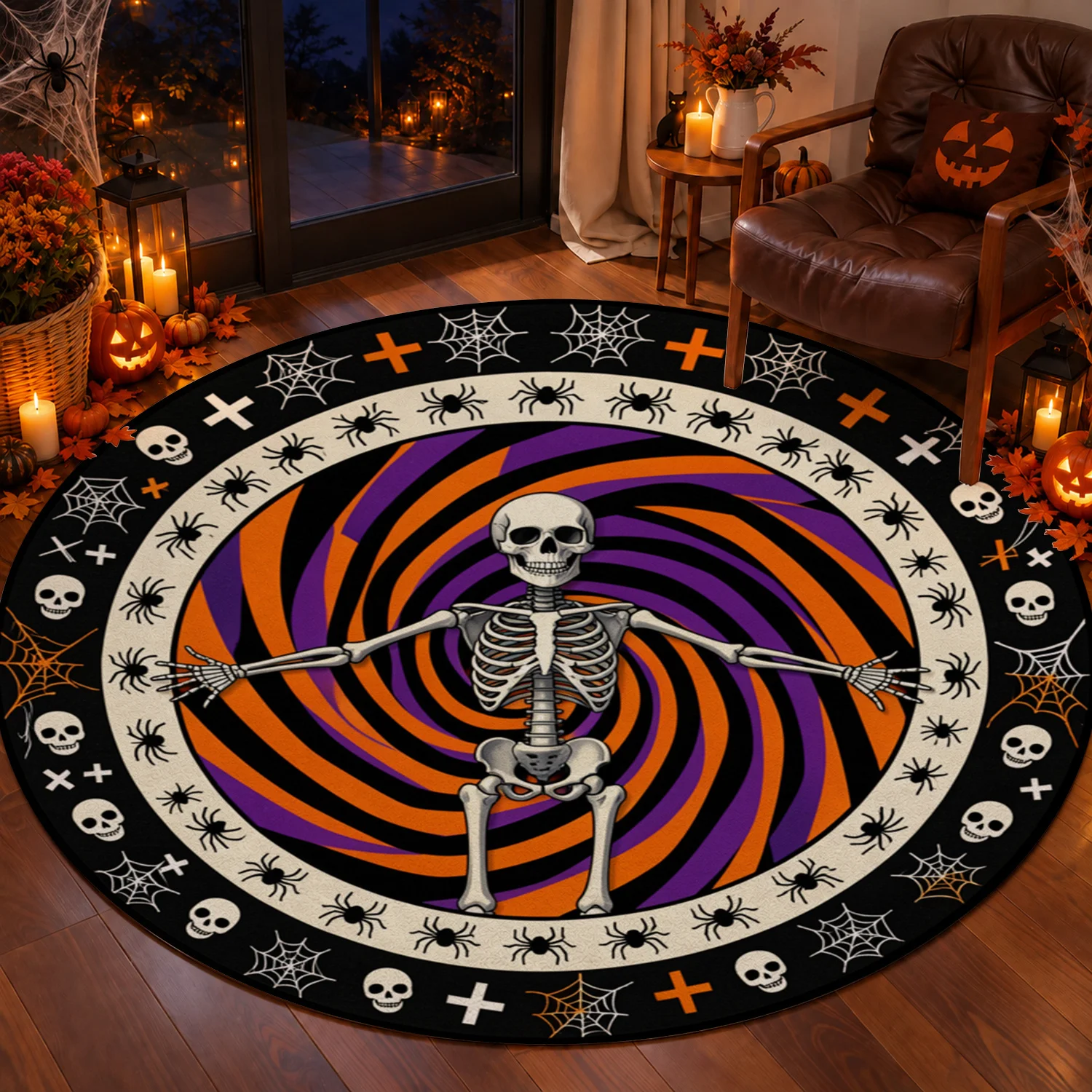 Skeleton Spider Web Spiral Round Velvet Rug Machine Washable for Living Room Bedroom Entryway Dining Room Halloween Thanksgiving Black Friday Christmas New Year