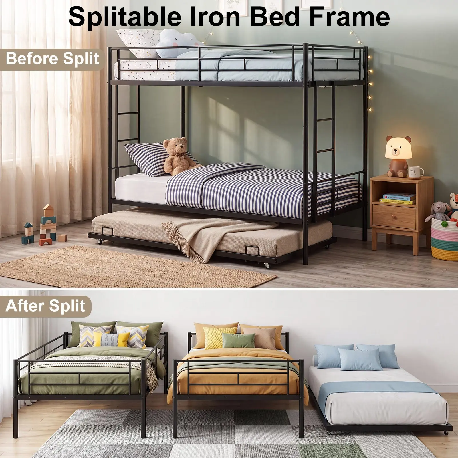 3 in 1 Bunk Bed with Trundle Twin Over Twin Bunk Bed Frame w Dual Ladder and Safety Rails No Box Spring Needed Noiseless Space