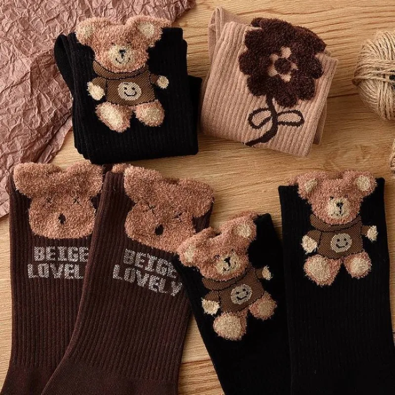 3 Pairs Black Woolen Teddy Bear Women's Socks for Autumn and Winter Warm and Cute Three-dimensional Plush Retro Long Socks 2025