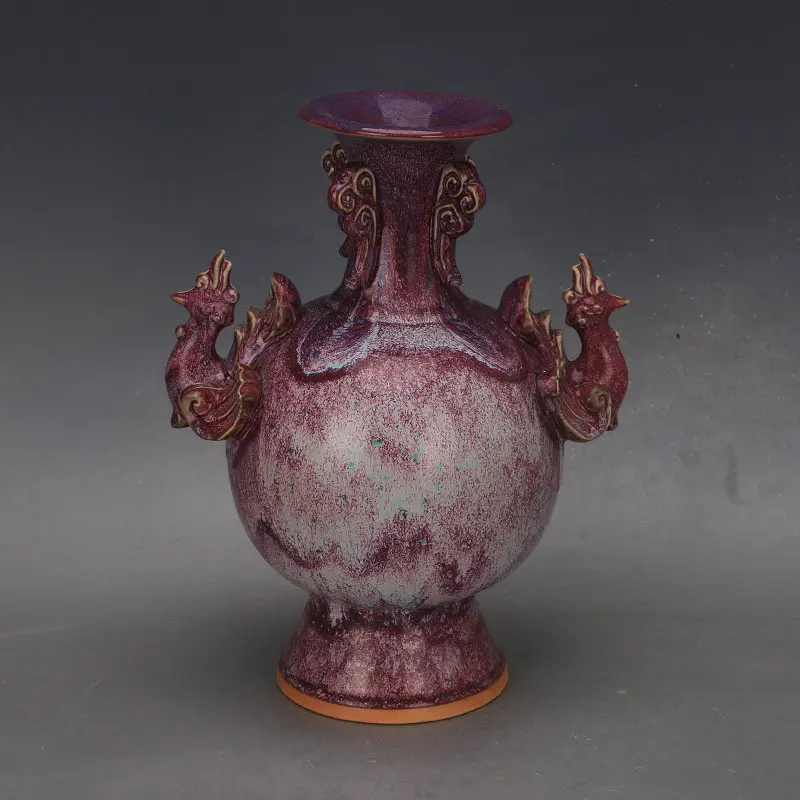 Song Jun Kiln Style Rose Flambe Glaze Double Phoenix Vase with Four Loop Handles Home Decor Ornament