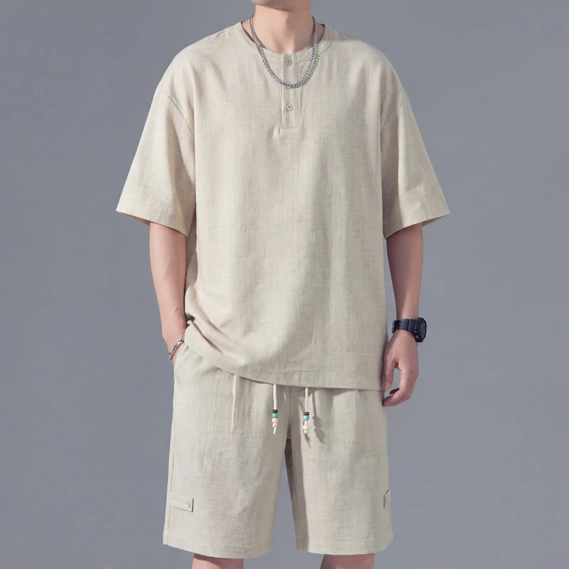 

2026 Ice Silk Short-sleeved Five-point Pants Set Men's Summer Loose T-shirt Clothing Set Imitation Hemp Casual Sports Two-piece