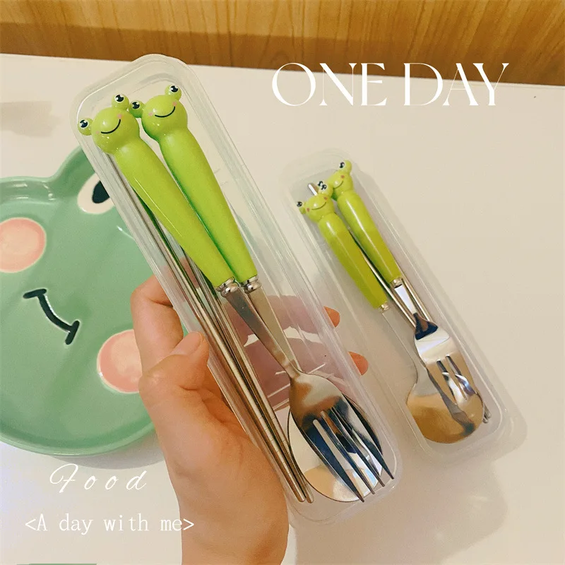 Cartoon Frog Cutlery Set Kids Stainless Steel Fork Spoon with Ceramic Handle Camping Picnic Flatware Utensil Set Tableware