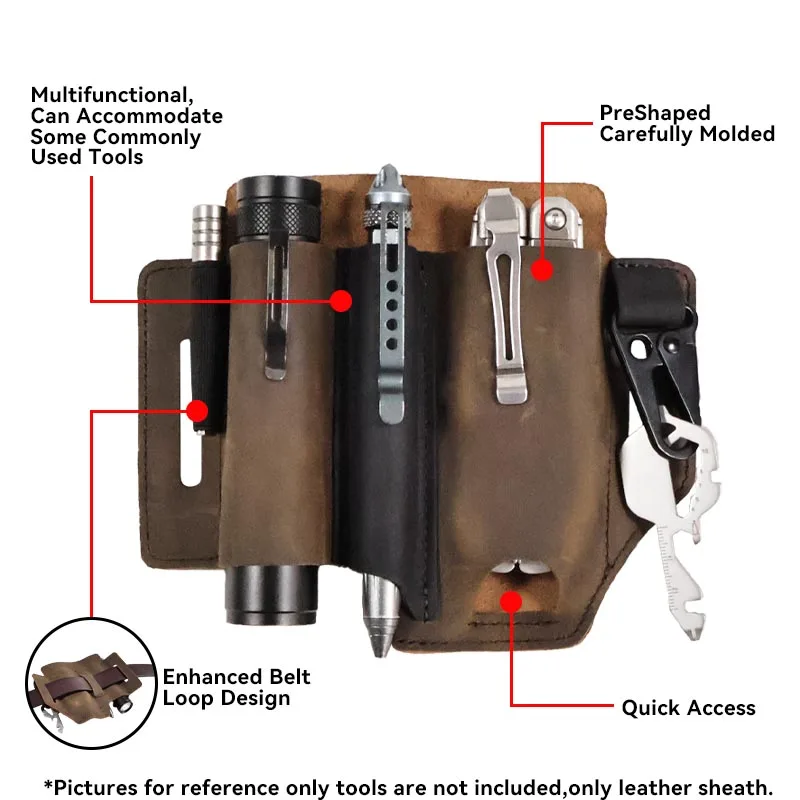 Imagem -02 - Riyao-organizador de Couro Genuíno Bainha para Homens Multifuncionais Pacotes de Cintura ao ar Livre Ferramenta Coldre Lanterna Edc Bolso Faca Dobrável