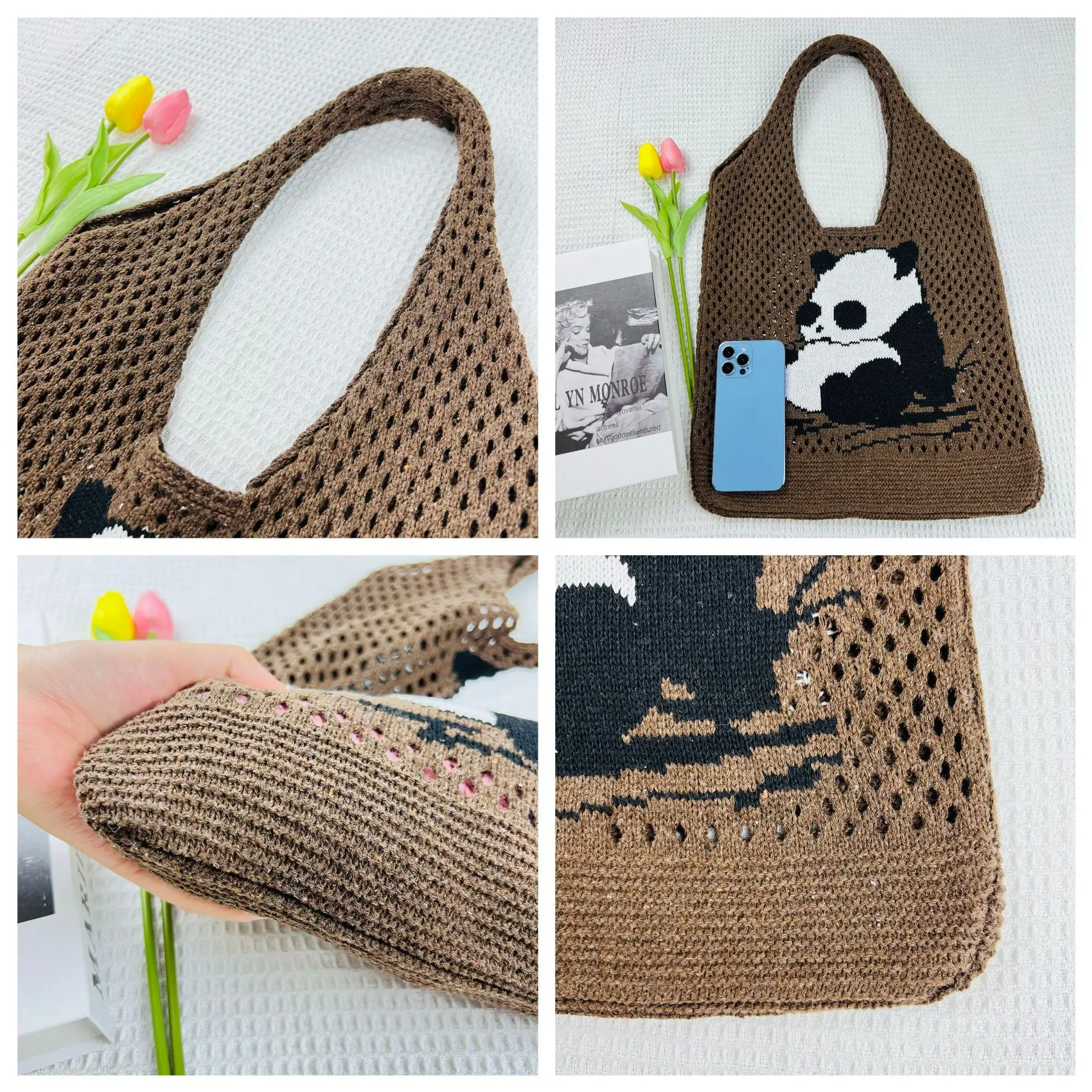 Panda Knitted Handbags Cute Summer Beach Bags Shoulder Casual Tote Female Student Shopping Woven Phone Bags For Women Girls