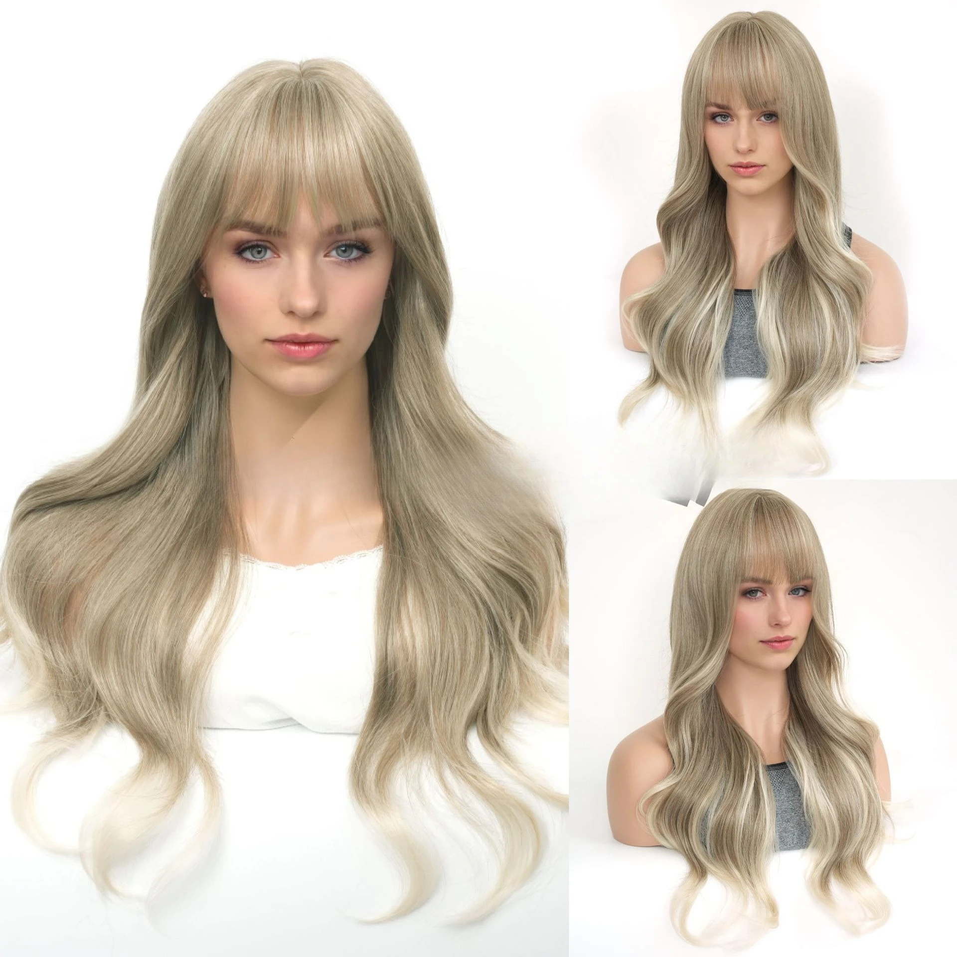 

European and American style wig female gradual change gray Qi bangs temperament long curly hair hot-selling big wave full head w