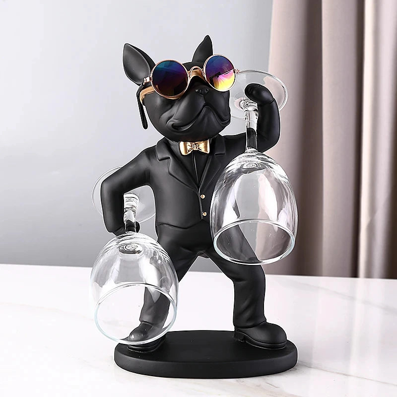 

KungFu Bulldog Butler Creative Wine Glass Holders Resin Dog Statue Wine Glass Rack Stand for Table Desk Décor for Kitchen Bar