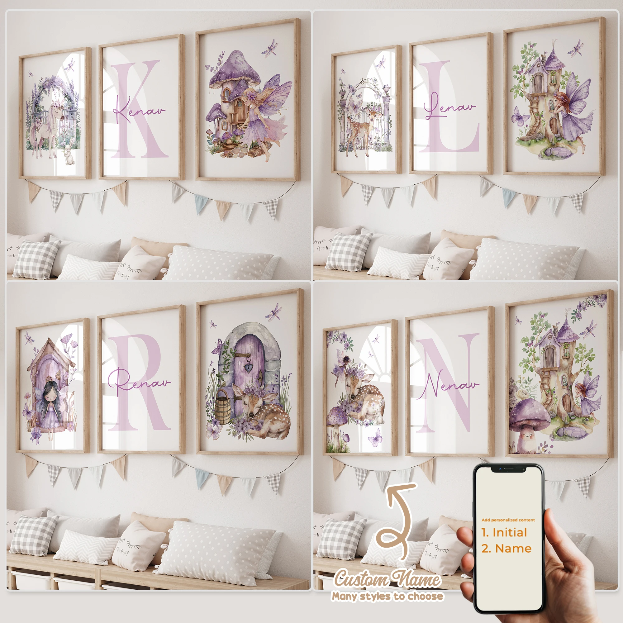 3 stücke Personalisierte Benutzerdefinierte Name Cartoon Lila Fee Wand Kunstdruck Bild Leinwand Poster Malerei Für Wohnzimmer Wohnkultur