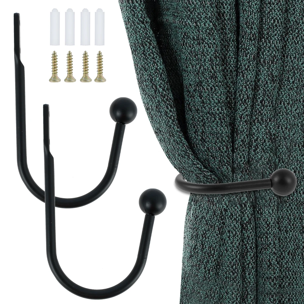 2PCS/Set Black Retro Iron Curtain Holdback Wall Hanger Mounted Metal Hooks U Shaped Curtain Loop Holder Wall Tie Back With Screw