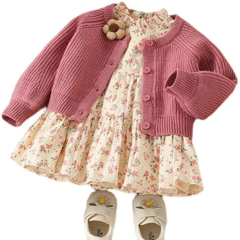 Girl\'s Autumn Creative Girl Baby Sweet Western Simple Style Sweater Warm Corduroy Coat Daily Casual Floral Dress Birthday Gift